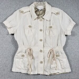 Lucy & Laurel Womens Medium Beige Linen Utility Jacket Safari Short Sleeve Coat